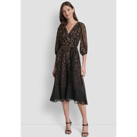 Dkny Women's Balloon Sleeve Faux Wrap Animal Print Midi Dress 4 - Picture 1 of 8